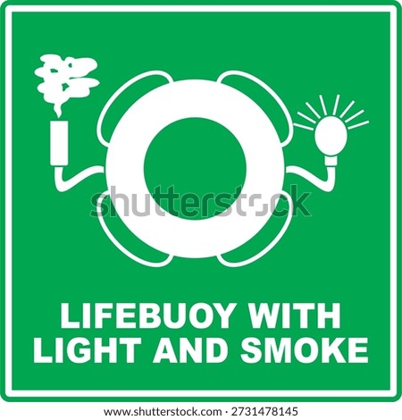 IMO lifebuoy with light and smoke flare signage vector icon showing a life ring with emergency light and smoke signal symbols, isolated on green background. Editable and scalable for maritime emergency, rescue, and safety instructions.