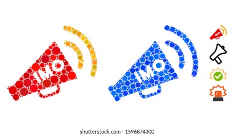 IMO megaphone alert composition of spheric dots in different sizes and shades, based on IMO megaphone alert icon. Vector filled circles are combined into blue composition.