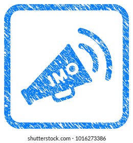 Imo Megaphone Alert grunge textured icon inside rounded frame for overlay watermark imitations. Flat symbol with dust texture.