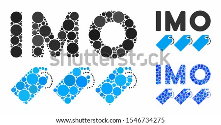 IMO tags composition of round dots in various sizes and shades, based on IMO tags icon. Vector round dots are combined into blue composition. Dotted IMO tags icon in usual and blue versions.