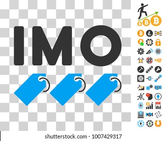 Imo Tags icon with bonus bitcoin mining and blockchain graphic icons. Vector illustration style is flat iconic symbols. Designed for crypto-currency apps.