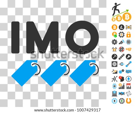 Imo Tags icon with bonus bitcoin mining and blockchain graphic icons. Vector illustration style is flat iconic symbols. Designed for crypto-currency apps.