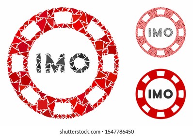 IMO token mosaic of raggy elements in different sizes and color tinges, based on IMO token icon. Vector irregular pieces are combined into mosaic. IMO token icons collage with dotted pattern.