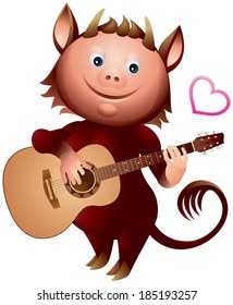 Imp guitar player love heart song, Little Devil played music, Cute Devil Boy, Valentine Day personage, Greeting Card character