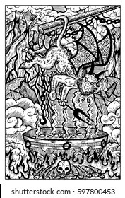 Imp with pot for sinful people and souls in hell. Hand drawn vector illustration. Engraved line art drawing, black and white doodle.