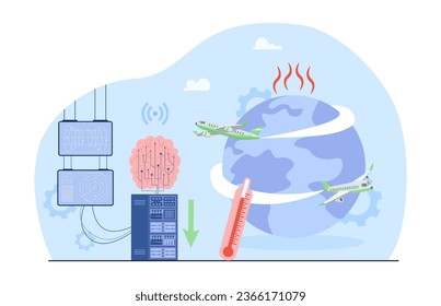 Impact of airplane contrails on planet vector illustration. Drawing of high temperature due to condensation trails, internet or AI usage for decreasing risks. Technology, AI, aviation, ecology concept