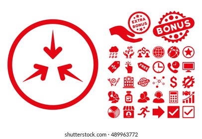 Impact Arrows icon with bonus elements. Vector illustration style is flat iconic symbols, red color, white background.