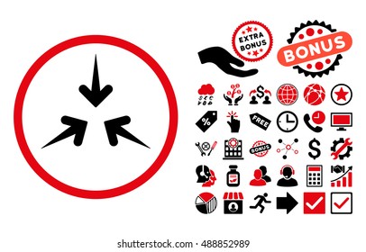 Impact Arrows icon with bonus pictograph collection. Vector illustration style is flat iconic bicolor symbols, intensive red and black colors, white background.