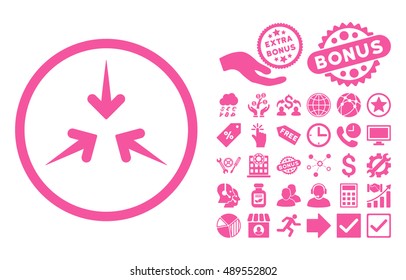 Impact Arrows pictograph with bonus elements. Vector illustration style is flat iconic symbols, pink color, white background.