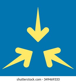 Impact Arrows vector icon. Style is flat symbol, yellow color, rounded angles, blue background.