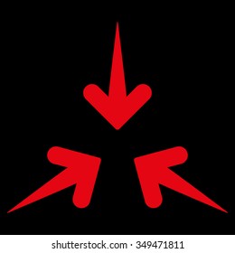 Impact Arrows vector icon. Style is flat symbol, red color, rounded angles, black background.