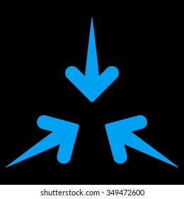 Impact Arrows vector icon. Style is flat symbol, blue color, rounded angles, black background.