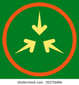 Impact Arrows vector icon. Style is bicolor flat circled symbol, orange and yellow colors, rounded angles, green background.