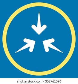 Impact Arrows vector icon. Style is bicolor flat circled symbol, yellow and white colors, rounded angles, blue background.