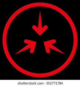 Impact Arrows vector icon. Style is flat circled symbol, red color, rounded angles, black background.