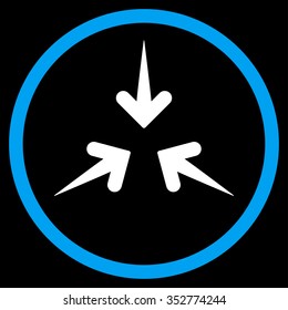 Impact Arrows vector icon. Style is bicolor flat circled symbol, blue and white colors, rounded angles, black background.