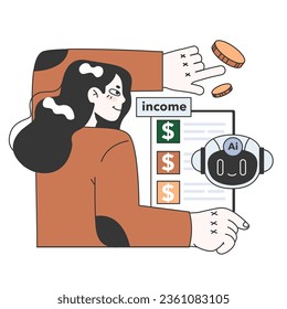 Impacto de la inteligencia artificial en los negocios. Gestión y optimización financieras impulsadas por IA. Automatización de la contabilidad, auditoría financiera e impuestos. Ilustración vectorial plana
