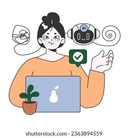Impact of Artificial intelligence on business. AI-powered customer service, automatic chatbot assistant helping a client. Self-learning computing system processing big data. Flat vector illustration