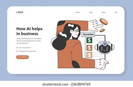 Impacto de la inteligencia artificial en banner web de negocios o página de inicio. Gestión y optimización financieras impulsadas por IA. Automatización contable, auditoría financiera, impuestos. Ilustración vectorial plana