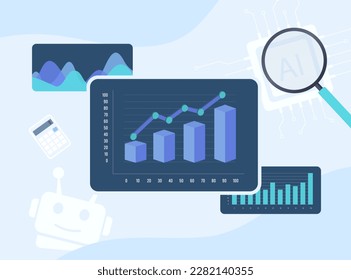 Impact of artificial intelligence on economic growth and welfare. Economic impacts of AI vector illustration with growing charts and graphs. For reports and presentations in economics and technology