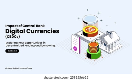 Impact of Central Bank Digital Currencies (CBDCs) – Shaping the Financial Landscape with Digital Coins, Government Symbols, and Market Trends | Economics and Policy Vector Design