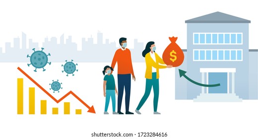 Impact of coronavirus on economy and financial assistance: chart showing financial crisis and family receiving an aid package from central banks and government