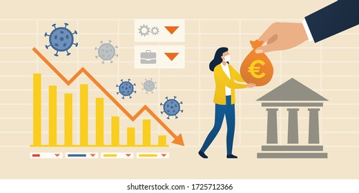 Impact Of Coronavirus On Economy And Financial Assistance: Chart Showing Financial Crisis And Woman Receiving An Aid Package From Government And Central Banks