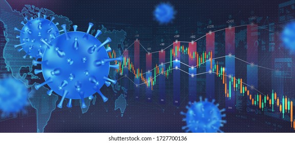 The impact of Covid-19 on the stock exchange and world economy. Coronavirus hits market. Shares fall down. Economic fallout. Markets plunging. Economy vector background with covid-19