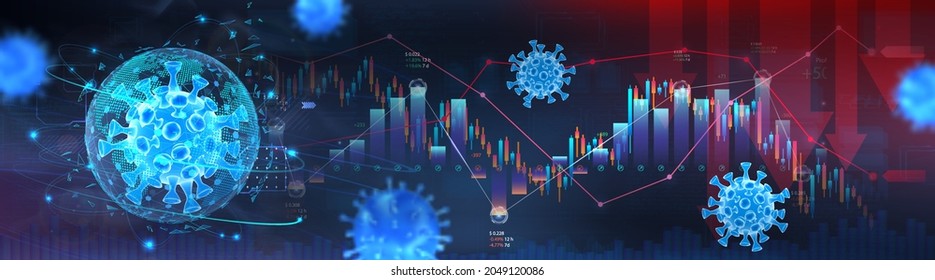 Auswirkungen von Covid-19 auf die Weltwirtschaft. Coronavirus und Börse, Konzept Welt Krise. Das Covid-19-Virus trifft den Markt. Die wirtschaftlichen Auswirkungen der Aktien sinken. Hintergrundbilder und Grafiken mit Coronavirus