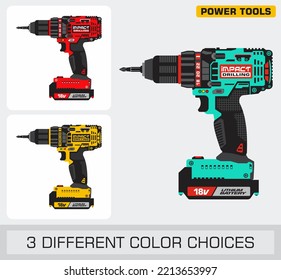 Impact Drill Cordless Power Tool in three different color choices vector illustration
