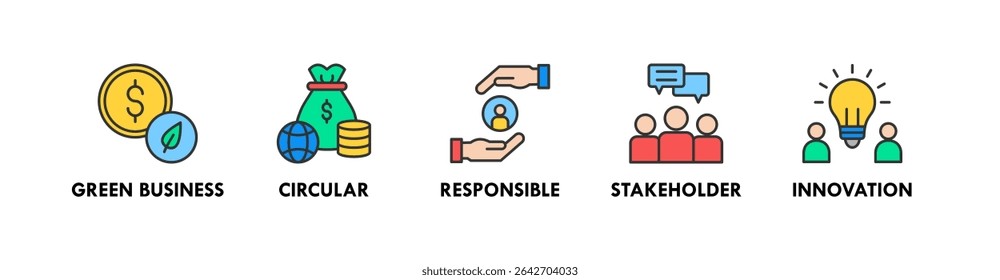 Impact Economy banner web icon vetor illustration concept with icon of green business, responsable, stakeholders, and innovation (conceito de ilustração vetorial de ícone da Web com ícone de negócios ecológicos, responsável, parte interessada e inovação)