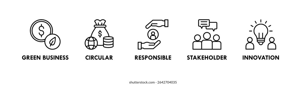 Impact Economy banner web icon vetor illustration concept with icon of green business, responsable, stakeholders, and innovation (conceito de ilustração vetorial de ícone da Web com ícone de negócios ecológicos, responsável, parte interessada e inovação)