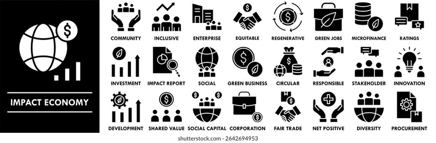 Conjunto de coleta de ícones da Economia de Impacto. Contendo negócios de design, economia, finanças, impacto, financeiro