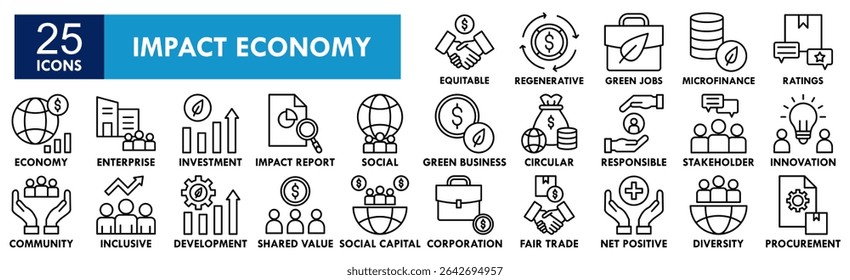 Conjunto de coleta de ícones da Economia de Impacto. Contendo negócios de design, economia, finanças, impacto, financeiro