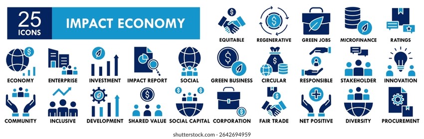 Conjunto de coleta de ícones da Economia de Impacto. Contendo negócios de design, economia, finanças, impacto, financeiro