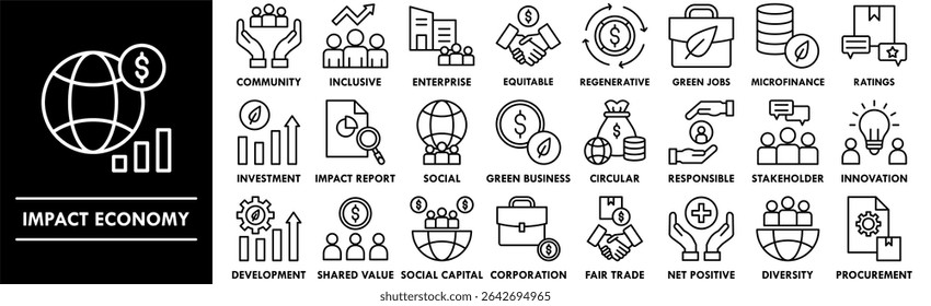 Conjunto de coleta de ícones da Economia de Impacto. Contendo negócios de design, economia, finanças, impacto, financeiro