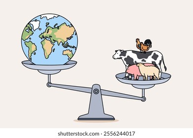 Impact of farm animals on environment is demonstrated by livestock and planet earth located on scales. Concept of environmental problem caused by raising farm animals creating co2 emissions