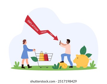 Impact of financial crisis on family budget, stock market profit reduction. Tiny man holding red arrow of debt and economic inflation falling down to prevent loss of money cartoon vector illustration