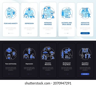 Impact of hatred onboarding mobile app page screen. Fear and anxiety walkthrough 5 steps graphic instructions with concepts. UI, UX, GUI vector template with linear night and day mode illustrations