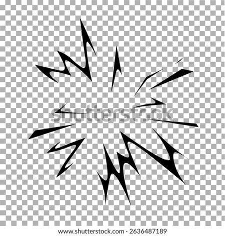 Impact icon.
Fireworks explosion or hit effect. Comic style radial flash.
Black sharp spikes.
Flat isolated vector illustration.