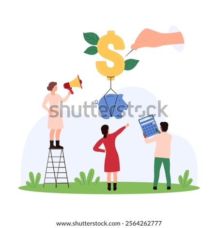 Impact of inflation growth on financial savings, loss investments. Hand holding sharp needle to burst flying to tiny people balloon with dollar sign and piggy bank cartoon vector illustration