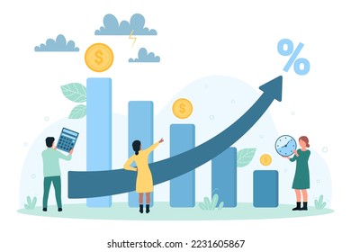 Impact of inflation on decline in income vector illustration. Cartoon tiny people look at percentage arrow increase and inflation growth, decrease in profit chart, unemployment and money loss