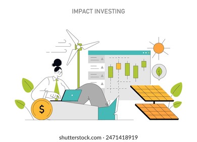 Impact Investing concept Analyst assessing sustainable projects with renewable energy sources, embodying financial decisions driving positive change Vector illustration