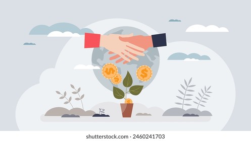 Impact investing with environmental, sustainable finances tiny person concept. Nature friendly or ecological project funding with green money vector illustration. Global economy sustainability growth