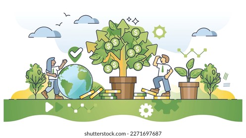 Impact investing or fund on green and sustainable projects outline concept. Grow money tree with successful financial projects vector illustration. Ecological and nature friendly business company.