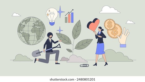 Impact investing and green investments tiny person neubrutalism concept. Financial profit from ecological and sustainable projects vector illustration. Business trend to focus on sustainability.