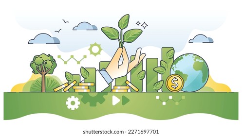 Impact investing and nature friendly or sustainable funding outline concept. Ethical business model with green and environmental goal vector illustration. Financial profit with ecological project.