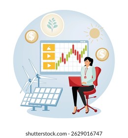 Impact investment concept. Business woman analyzing solar and wind energy data, sustainable growth charts, and financial objectives using a laptop.