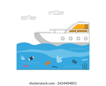 The impact of littering in the ocean, destroying the natural beauty of the ocean. Character design. Vector flat illustration