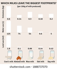 The impact of milk types on the environment. Milk infographic. Dairy, almond, soy, rice, oat milk. Water use, greenhouse emission. Footprints from milk. Hand drawn vector illustration.